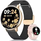 AIMIUVEI Smartwatch Damen Rund, Fitnessuhr mit Telefonfunktion 24H Pulsuhr, SpO2, Menstruationszyklus, 120+ Sportmodi, Schlaf, IP68 Wasserdicht Schrittzähler, iOS/Android, Geschenk Schwarzgold