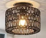 Qamra Deckenleuchte Boho Schwarz,25cm Rund Rattan Lampenschirm,Deckenlampe Rustikal Vintage E27, ohne Leuchtmittel,für Schlafzimmer Wohnzimmer Esszimmer Küche Flur