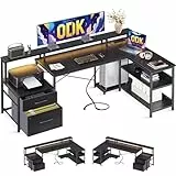 ODK Schreibtisch mit Schubladen, 172.5×100cm Reversibel Eckschreibtisch Groß mit 2 Steckdosen&USB Ladeanschluss, Schreibtisch L Form mit Stauraum, Gaming Tisch mit LED für Homeoffice, Schwarz