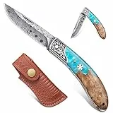 Freelander Taschenmesser Klappmesser Klein, Outdoor Klappmesser Zweihandmesser aus 5CR15 Stahl, Taschenmesser Damast mit Birnenholzgriff, EDC Messer mit Holster für Camping & Survival & Angeln