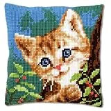Vervaco Kreuzstich Stickpackungen Kissen Stickerei Set Anfänger Vorgedruckt Katze DIY Set Kreativ Set Für Erwachsene Dekoratives Kissen ca. 40 x 40 cm Bastelset Handwerker Haus Dekoration