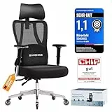SONGMICS Bürostuhl ergonomisch, Schreibtischstuhl, Gaming-Stuhl, verstellbare Lenden-, Kopfstütze, Armlehnen, für Verschiedene Körpergröße, bis zu 150 kg belastbar, tintenschwarz OBN067BH01