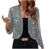 Jamicy Glitzer Bolero Damen Festlich Pailletten Oberteil Silvester Bolerojacke Party Outfit Karneval Kostüm Festliche Blusen Zur Hochzeit Cardigan Festival Strickjacke Jacke Frauen Kleidung Grau M