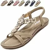 Acfoda Sandalen Damen Sommer mit Blumen Strass Flach Bohemia Strand Sandaletten Weiches Fussbett Sommerschuhe Frauen Elegant Offene Damensandalen Beige 41 EU = Herstellergröße 42