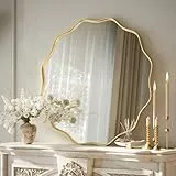 Koonmi großer runder Spiegel mit gewellter Kante, 60 cm Wandspiegel mit Strukturiertem Metallrahmen, zum Aufhängen oder Anstellen an die Wand, für Badezimmer, Eingangsbereich, Wohnzimmer, Gold