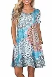 Bequemer Laden Damen Sommer Tshirt Kleid Locker Rundhals Kurzarm Midi Kleider Elegant Blumen Sommerkleid Knielang Strandkleid Lässig Midikleid Freizeitkleid mit Taschen, E Blumen Blau, XXL