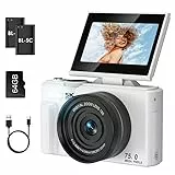 LAMA Digitalkamera, Mini Digitalkameras 5K 75MP Fotokamera mit 64G SD-Karte, Kompaktkamera 3,0 Zoll 180° Flip-Screen 18X Zoom Digital Kamera, Fotokamera für Kinder Teenager Anfänger (Weiß)