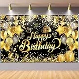 Geburtstag Banner Schwarz Gold, Waylipun Geburtstag Party Dekorationen, Geburtstagsbanner Hintergrund Banner für Jungen Mädchen Frau Mann, 180×110cm