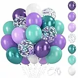 BlooMoo 60 Stück Luftballons Lila Türkis, 12 Zoll Latex Luftballons Blau Lila, Metallic Ballons und Konfetti Ballons Set, für Meerjungfrau Geburtstag Hochzeit Party Dekoration