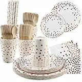 Vexillic Partygeschirr, 200 Stück Pappteller Set, Papier Geschirr Set Partyzubehör Einschließlich Messer Holz Gabel Löffel Teller Becher Servietten für 25 Gäste (Roségold)