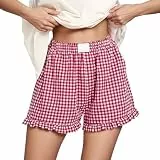 Tincini Shorts Damen Sommer Casual Rüschen Shorts Pyjamahose Karierte Schlafhose für zu Hause Kurze im College-Stil（Rot L