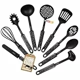 STONELINE 9-teiliges Nylon Küchenhelfer Set mit praktischer Stütze, Hitzebeständige Küchenutensilien für Antihaft Pfanne Topf, Hygienisches Küchenzubehör mit integrierter Küchenhelferablage, Schwarz