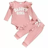 JiAmy Baby Mädchen Kleidung Rüschen Langarm Spitze Strampler Daddys Girl Bodysuit und Lange Hosen 2tlg Outfits für 6-9 Monate, Rosa