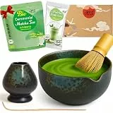 Goodwei Matcha-Set komplett mit hochwertiger Matcha Schale aus Keramik mit Ausgießer, Matcha Besen und Besenhalter | Geschenkset für Teezeremonie mit BIO Matcha und Cocos Matcha Latte (Rokusho)