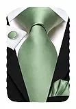 Hi-Tie Herren Krawatte Schwarz Paisley/Plaid/Streifen/Einfarbig Krawatten Set Einstecktuch Manschettenknöpfe Business Formal Hochzeit Meeting Geschenkbox,Grasgrüner Feststoff