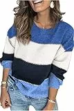 Ancapelion Damen Grobstrick Pullover Casual Stricken Sweater Lange Ärmel Pulli Farbblock Sweatshirt Elegant Jumper Rundhals Lose Oberteile Herbst Winter Outwear für Frauen,A-blau,S