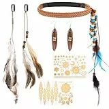 Camptrip 6 Stück Indianer Kostüm Damen, Indianer Schmuck, Boho Haarschmuck mit Kopfschmuck Federn & Boho Ohrringe, Temporäre Tattoos, Hippie Schmuck für Karneval Halloween Kostümparty