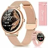 RUXINGX Smartwatch Damen, Kleine Runde Fitnessuhr mit Telefonfunktion 1,19’’ AMOLED Touchscreen 24h Pulsuhr SpO2 Menstruationszyklus, Schlaf Kalorien Schrittzähler, iOS Android Geschenk Frauen, Gold