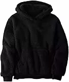 Haloumoning Kapuzenpullover Kinder Teddy Fleece Hoodie Unisex Warm Sherpa Sweatershirt Mädchen Jungen Winter Plüsch Pullover mit Taschen Schwarz 160