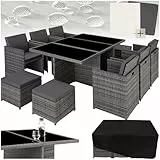 tectake Polyrattan Gartenmöbel Set, Sitzgruppe mit 6 Stühle +1 Glasplatte Tisch + 4 Hocker, Gartenlounge Set klappbar, für bis zu 10 Personen, Balkon Möbel, inkl. 2 Bezugsset - grau