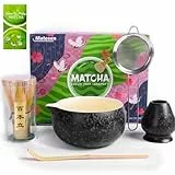 Matesen Matcha Set Schwarz, 5-teiliges Matcha Besen Set,Premium Starter Set, Matcha Tee Set mit Sieb Chawan und Besen, Zubehör für das traditionelle Matcha Tea Set für Freunde und Familie