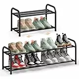 SONGMICS Schuhregal ausziehbar, Schuhablage, Schuh-Organizer mit verstellbaren Ablagen, Schuhaufbewahrung aus Metall, für Flur, Ankleidezimmer, Wohnzimmer, 2 Ebenen, tintenschwarz LMR026BD01