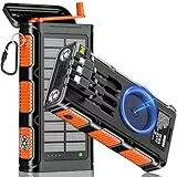 WASTDE Wireless Solar Powerbank 26800mAh mit Handkurbel und 4 Kabel, Solar Ladegerät Power Bank USB-C Schnellladung 7 Ausgänge 4 Eingänge für Handy, Outdoor Wasserdichter Externer Akku für Camping
