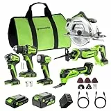 GREENWORKS 24V Akku Werkzeug Set 6-teilig – Bohrschrauber, Schlagschrauber, Handkreissäge, Säbelsäge, Multitool & LED Lampe, 4,0Ah + 2,0Ah Akku (Powerbank), 65W Schnellladegerät