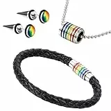 Aroncent Armband Halskette Ohrringe Schmuck Set, Edelstahl Regenbogen Rainbow Charms, Geflochten Leder Armband Armreif, Kette mit Anhänger, Kugel Kreis Spike Ohrstecker