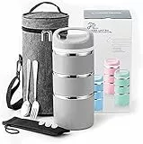 Lille Home 1380 ml stapelbare Lunchbox aus Edelstahl mit Thermofach, isolierter Bento-/Lebensmittelbehälter mit 3 Ebenen, mit verbesserter Lunchtasche und Silikondichtungen