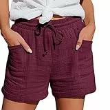Musselin Kurze Hose Damen Sommer Leinen - Beach Shorts Mit Taschen Elastische Taille Freizeitshorts Leicht Und Luftig Stoffhose Gerades Bein Sportshorts Baggy Leinenhose Mit Kordelzug
