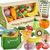 BUYGER Kinderküche Spielküche Zubehör Holz, Küchenspielzeug Schneiden Obst Gemüse Lebensmittel Spielzeug, mit Spielgeld, Tasche, Kaufladen Rollenspiele Weihnachts Geschenke für Kinder 2 3 + Jahre