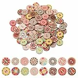 100 Stück Bunte Holzknöpf 15 mm Vintage Holz Nähen Blume Knöpfe 2 Löcher Runde Holzknöpfe zum Basteln Retro Harz Holzknöpfe NäHen KnöPfe Blume Malerei Geometrishes Muster zum DIY Basteln