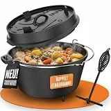 AMZBBQ® Premium Dutch Oven – Doppelt Eingebrannter Gusseisen Feuertopf – Rostbeständiger Schmortopf für Grill, Briketts, Lagerfeuer & Outdoor – inkl. Deckelheber – 9 Liter & Mit Füße