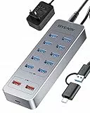 BYEASY USB C Hub Aktiv 3.0 mit Netzteil, 13 in 1 Powered USB Hub mit 10*USB 3.0 Ports, 2*USB A Lade Ports und 1*USB C Lade Port, USB C Ladegerät mit 12V3A Adapter für Laptop, Tablet, USB Flash Drives