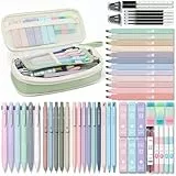 Four Candies 56 PCS Ästhetisches Schulmaterial mit Federmäppchen, 6 farbigen Kugelschreibern, 12 pastellfarbenen Textmarkern, 5 Gelschreibern mit schwarzer Tinte, 9 Druckbleistiften 0,5-2,0 mm(grün)