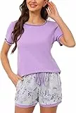 Litherday Schlafanzug Damen Kurz Pyjama Kurzarm Pyjamas Set Blätter Baumwolle Zweiteiliger Nachtwäsche Sleepwear für Sommer, Helles Lila, M