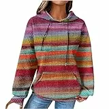 EMATOP Damen Baumwolle Hoodie Causal Langarm Kapuzenpullover Herbst Winter Warm Pullover Vintage Bunte Print Sweatshirt mit Kapuze Pulli Oberteile Mode Waffel Kapuzenpulli mit Taschen Outwear
