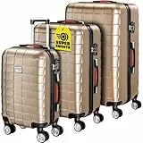 Monzana® 3tlg. Kofferset Exopack TSA Schloss Hartschalen Koffer M-L-XL Gel-Griffe 4 Zwillingsrollen Standfüße Trolley Rollkoffer Reisekoffer Champagner