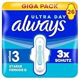 Always Ultra Damenbinden Starke Periode (Größe 3) mit Flügeln 26 Stück, Sehr Saugfähig, Ultradünn, Für Die Periode