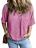 GLEENOD Tshirt Damen Kurzarm V-Ausschnitt Shirts Damen Sommer Elegant Top Locker Oversize T-Shirt mit Tasche