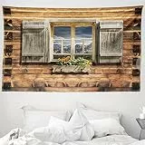 ABAKUHAUS Rustikal Wandteppich und Tagesdecke, Blick vom Berghütte aus Weiches Mikrofaser Stoff Waschbar ohne Verblassen Digitaldruck, 230 x 140 cm,Braun Grün