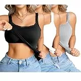 UHouse 3 Pack Tops für Damen Top mit Integriertem BH Trägertop mit Spitze Tank Top Sport Tanktop Rückenfrei Unterhemden Sommer Gym Oberteil Yoga Sporttop Spaghetti Damentop Schwarz Weiß Grau XL