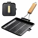 Ruioomeep Steakpfanne Gusseisen Grillpfanne Klappbarer Holzgriff,Vorgewürzte Gusseisen Grillpfanne,Quadratische Emaille-Bratpfanne,leicht zu reinigen für Alle Herdarten(20×20cm)