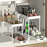 SKYSER 2-stöckiger Unter Waschbecken Regal Schubladen-Organizer Anhebbares Waschbecken Regal, mit 4 Haken, 8 rutschfeste Pads & 1 Hängebecher Spülschrankregal Küche Organizer（2 Pack，Weiß）