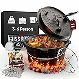 GUSSKÖNIG Essential Line Dutch Oven Set [für 3–6 Personen] – 5,5L Topf & 1,5L Deckel, eingebrannter Feuertopf ohne Füßen, inkl. Deckelheber, Ringreiniger, Pflegepaste & Rezeptbuch – 30 Jahre Garantie