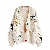 ebossy Damen Strickjacke mit Zopfmuster, Lange Ärmel, vorne offen, Schaf, V-Ausschnitt, Knopfleiste, Stickerei, Wollmischung, Pullover, Mantel, Outwear, Beige, X-Klein