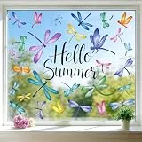 DTYDECLE 6 Blatt Selbstklebend Sommer Fensteraufkleber, Wiederverwendbar Fensterbilder Kinder Libelle Sommer Libelle Fensteraufkleber für Kinderzimmer Wohnzimmer Küche Glastüren Fensterdeko