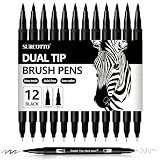 Surcotto Dual Brush Pen Set, 12 Stück Filzstifte Schwarz,Filzstifte Dicke und Dünne, Pinselstifte set, Stifte für Bullet journal, Kalligraphie, Manga, Skizzen, Malbücher und Handlettering