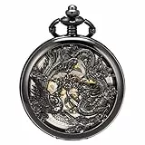 ManChDa antike, mechanische Taschenuhr Lucky Dragon und Phoenix Skelett Zifferblatt mit Kette + Geschenkbox